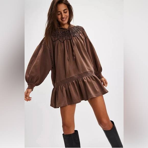 Free People Marty Smocked Mini Dress Hoodie Embroidered Cotton Size Small - Picture 1 of 14